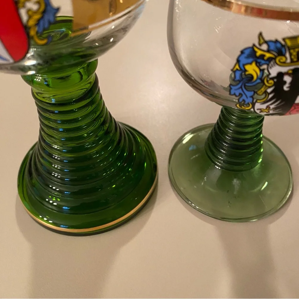 Vintage German Glass Goblets w/ Coat of Arms 2 Pc 5 1/4 and 4 1/4 MCM Barware